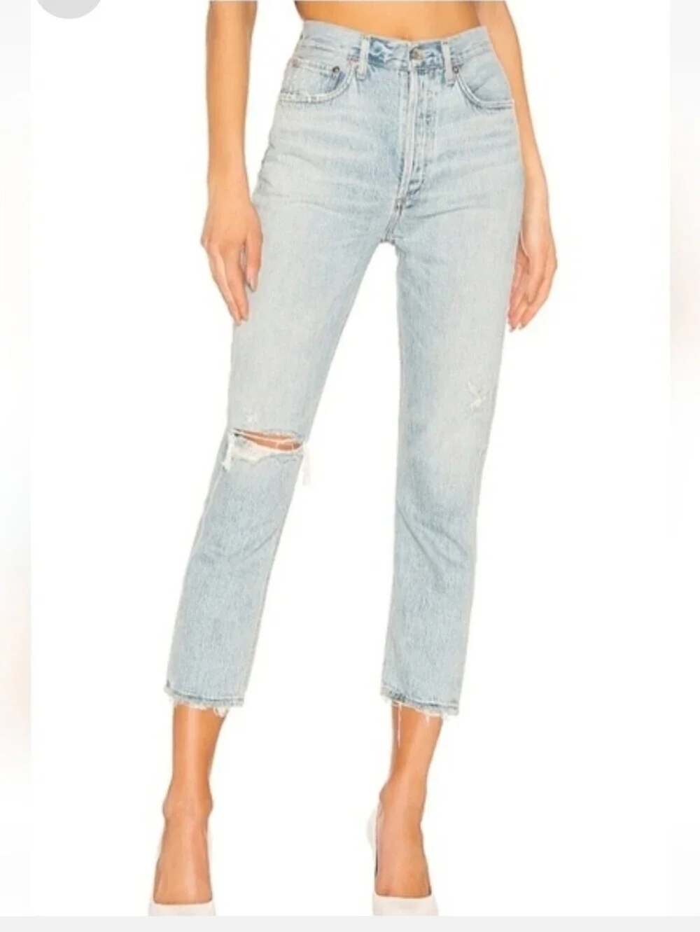 AGOLDE Light Blue High-Rise Straight-Leg Jeans with Knee Distress